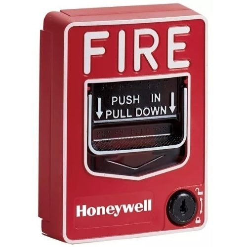 Fire-Lite BG-12LX dual action addressable fire alarm pull station with red exterior and clear instructions on the front.