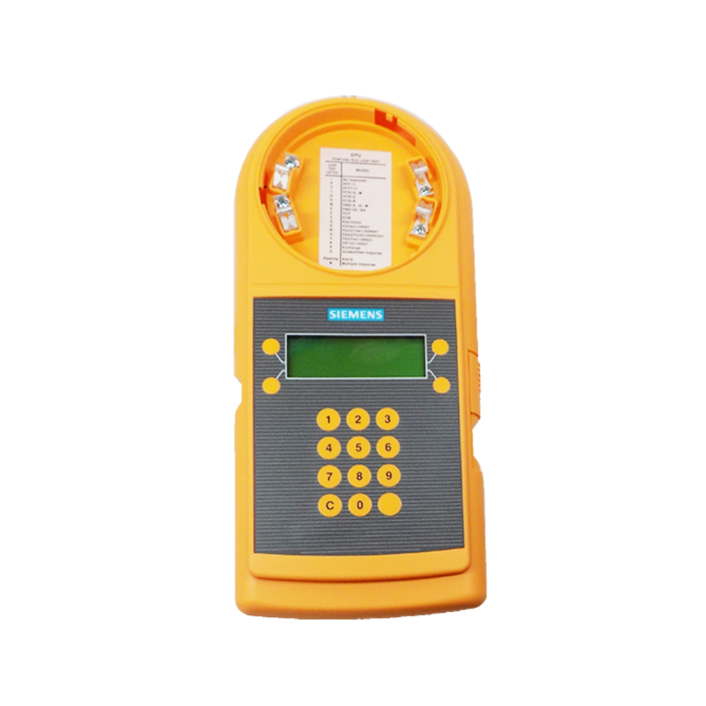 Siemens DPU fire alarm device programmer and loop tester, showing a handheld tool with display and control buttons.