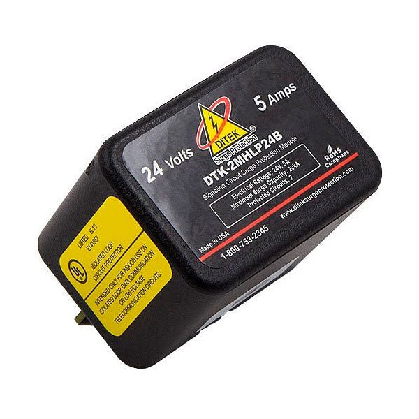 Ditek DTK-2MHLP24B fire alarm surge protection device with 24V hybrid 2-pair design, installed on a fire alarm system.