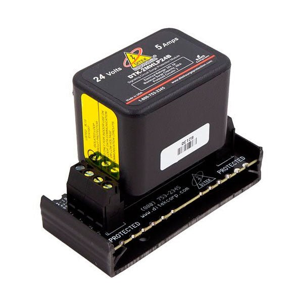 Ditek DTK-2MHLP24BWB fire alarm surge protection device with 24V hybrid system, black and white, 2-pair wiring, for building safety.