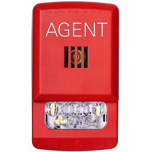 Eaton Wheelock ELHSR-A fire alarm horn strobe with red housing and mounting hardware, designed for emergency alert systems.