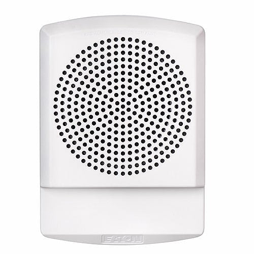 Eaton Wheelock ELSPKW-N fire alarm speaker mounted on wall, high-fidelity indoor speaker for emergency alert systems.