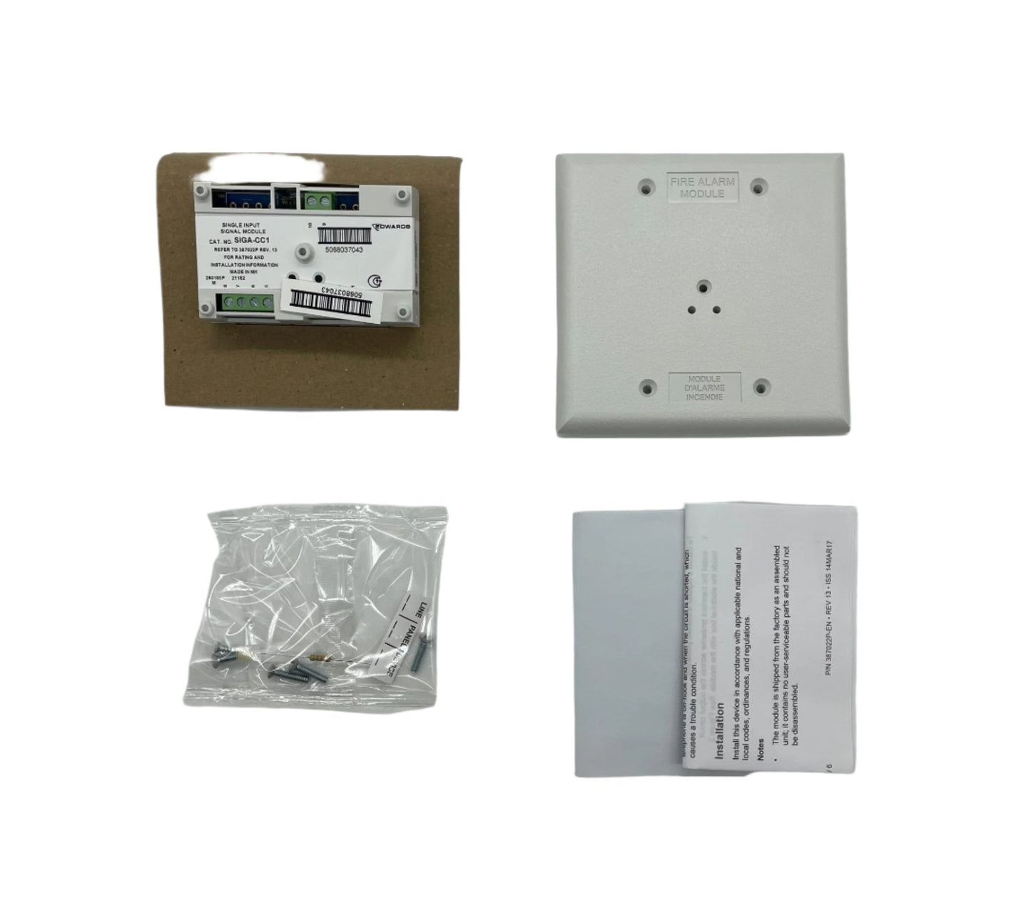 Edwards SIGA-CC1 fire alarm signal module with single input, shown with black and white components and wiring connections.