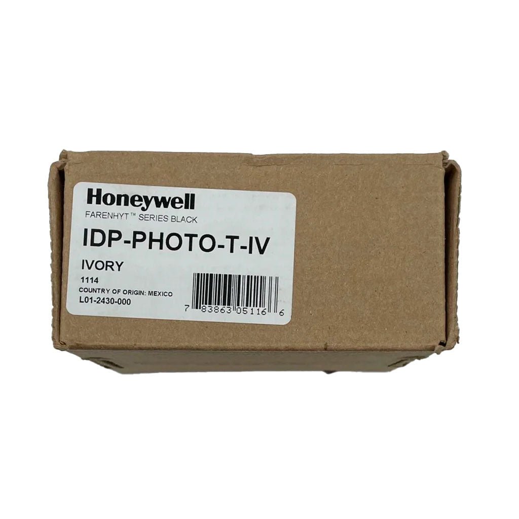 Farenhyt IDP-PHOTO-T-IV photoelectric smoke detector in ivory, showing the device with sensor and test button.