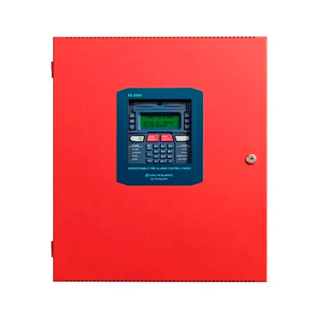 Fire-Lite ES-200XP addressable fire alarm control panel with digital display and control buttons.
