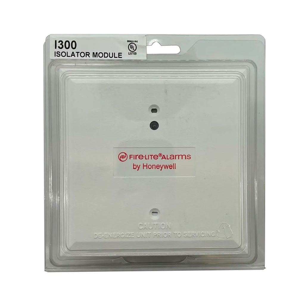 Fire-Lite I300 fire alarm isolator module showing circuit connections and device details.