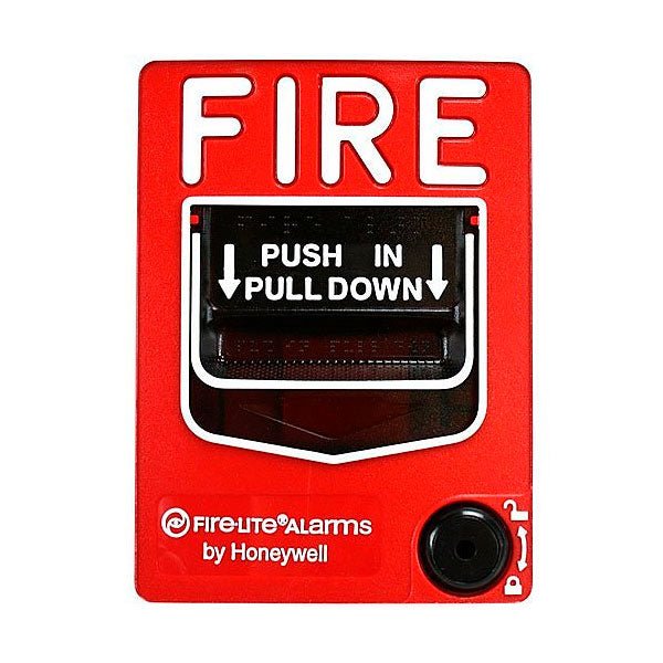 Fire-Lite BG-12 dual-action fire alarm pull station mounted on wall, with clear instructions and metal construction.