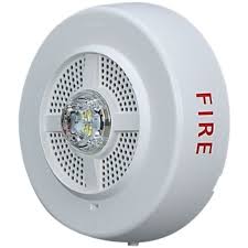Siemens fire alarm speaker strobe ceiling in white with fire alert icon, designed for emergency notification and safety.