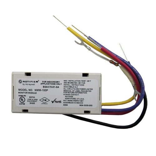 Notifier NMM-100P Addressable Mini Monitor Module for fire alarms, shown mounted on a panel with wiring connections.