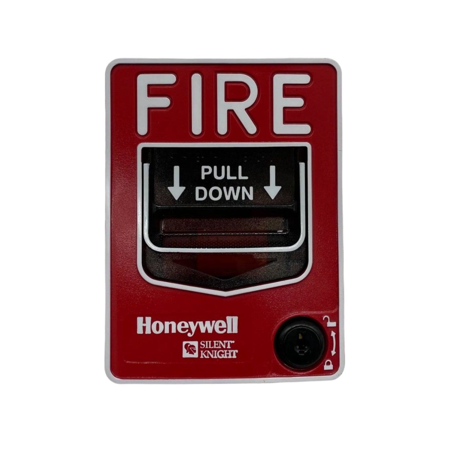 Silent Knight PS-SA fire alarm pull station with single-action design, mounted on a wall for emergency fire alerts.