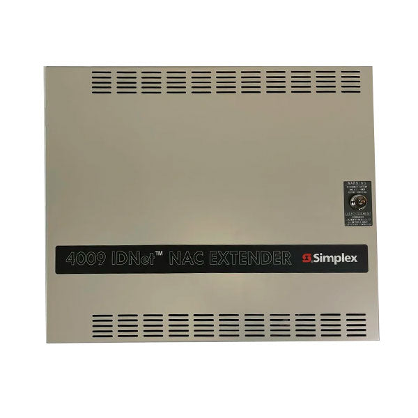 Simplex 4009-9201 fire alarm control panel with IDNet NAC extender, black device with indicator lights and connection ports.