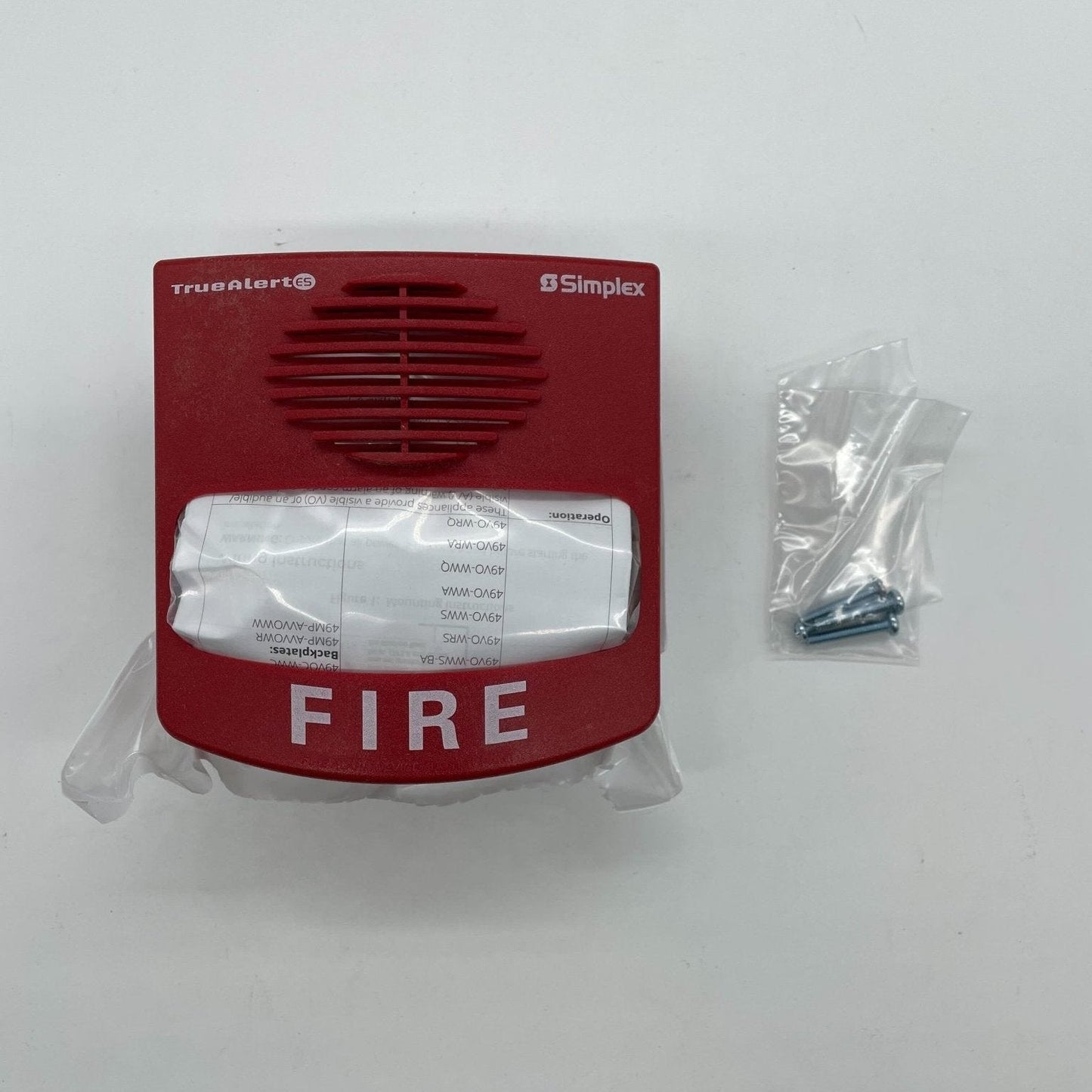 Simplex 49AV-WRF TrueAlert ES addressable fire alarm horn-strobe with orange cover and mounting hardware.