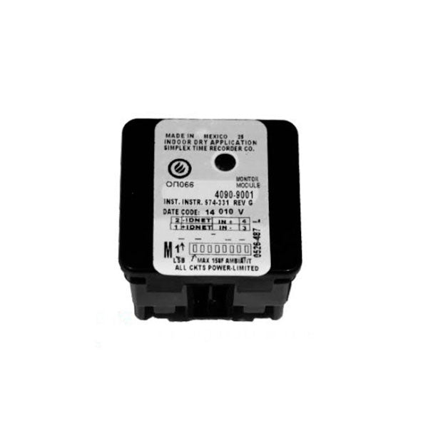 Simplex 4090-9001 fire alarm module, individual addressable device by Simplex, shown mounted on a wall with wiring.