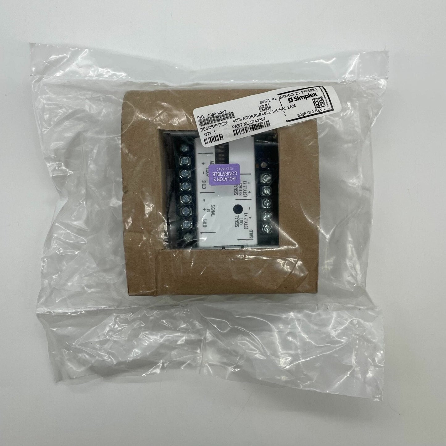 Simplex 4090-9007 fire alarm signal module, an individual addressable alarm device from Simplex, with wiring and front indicator.