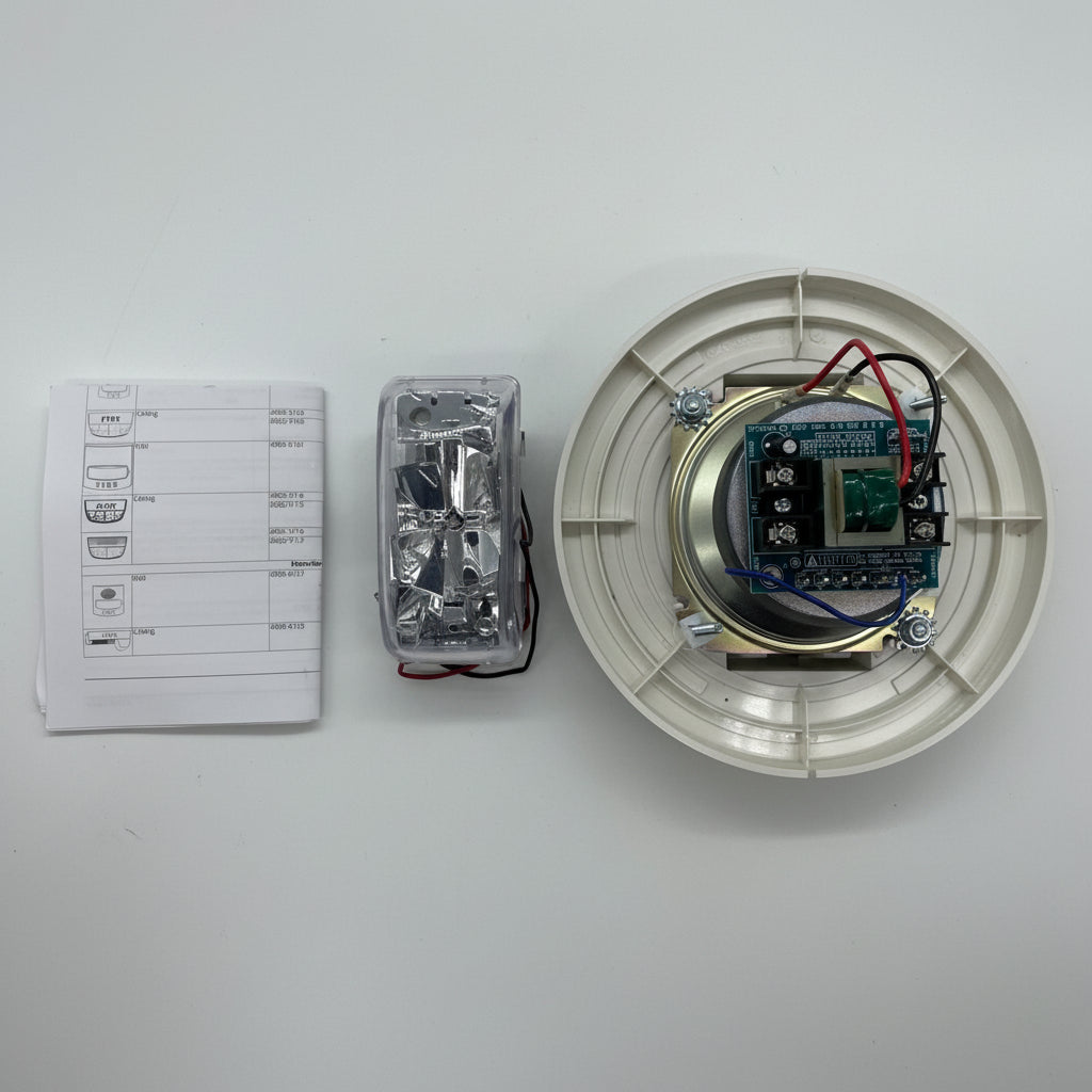 Simplex 4906-9154 fire alarm with speaker and multi-candela synchronized strobe light, designed for fire safety alerts.