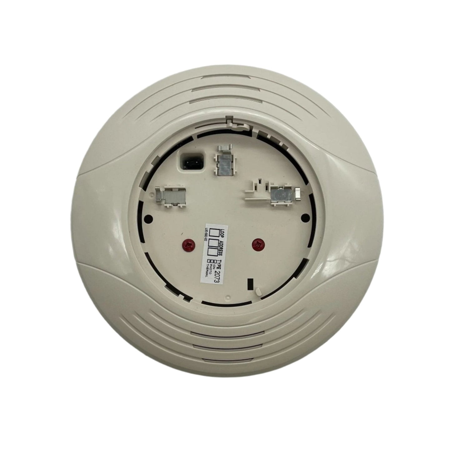 System Sensor B200SR-IV fire alarm sounder base mounted on a ceiling, part of the addressable fire alarm system.