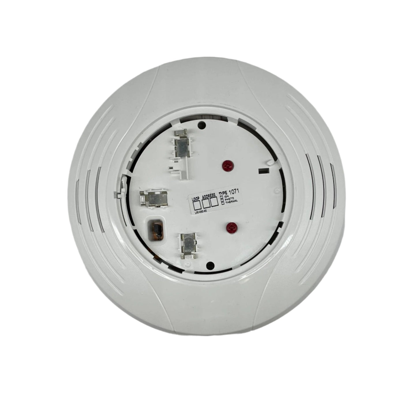 White System Sensor B224RB-WH fire alarm relay base mounted on a ceiling with wiring connections visible