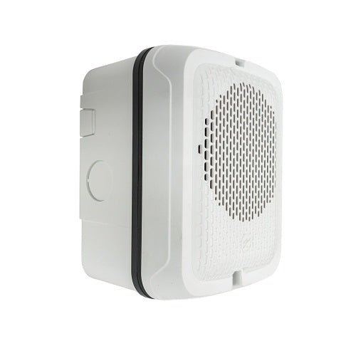 System Sensor SPWKL fire alarm with outdoor speaker, white wall-mounted alarm for fire safety and emergency alerting.
