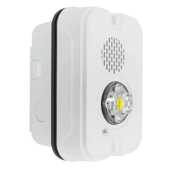 System Sensor P2GWKLED-P fire alarm horn strobe mounted on wall, compact design with LED indicator for emergency alerts