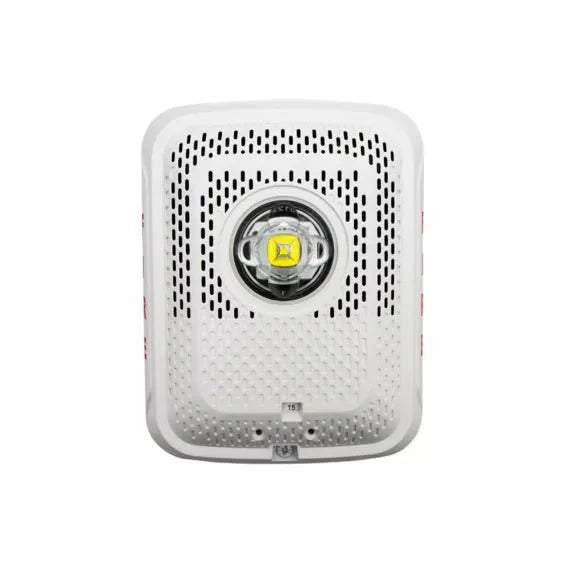 System Sensor SPSWLED fire alarm with speaker and LED strobe, mounted on wall for emergency alert visibility.