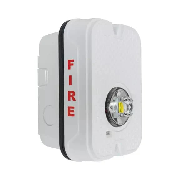 Outdoor wall-mounted LED strobe from System Sensor SGWKLED fire alarm system, compact and bright for emergency alerts