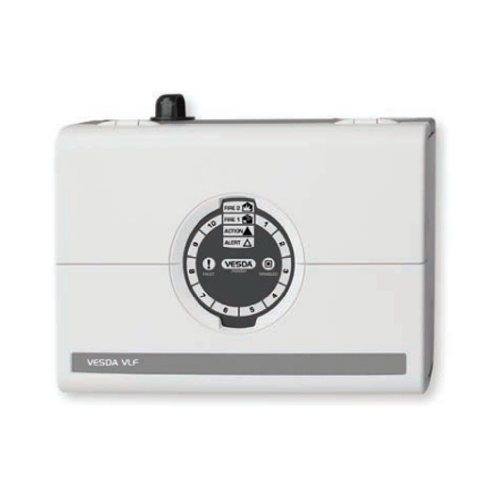 Vesda VLF-500-00-UL aspirating smoke detector for fire alarm systems, black device with multiple sampling points