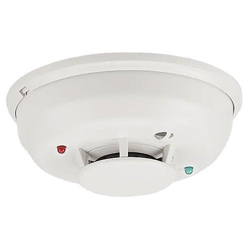 System Sensor 4WTAR-B Photoelectric Smoke Detector from the i3 Series, black, mounted on ceiling for fire detection.