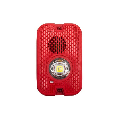Red outdoor wall-mounted fire alarm horn strobe from System Sensor with "FIRE" label and integrated LED light.
