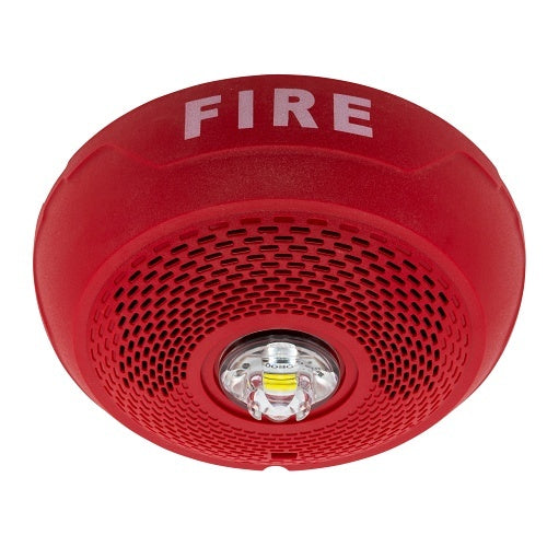 System Sensor SPSCRLED fire alarm with red LED indicator, mounted on wall for fire detection and safety alert.