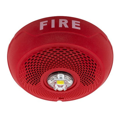 System Sensor SPSCRLED fire alarm with red LED indicator, mounted on wall for fire detection and safety alert.