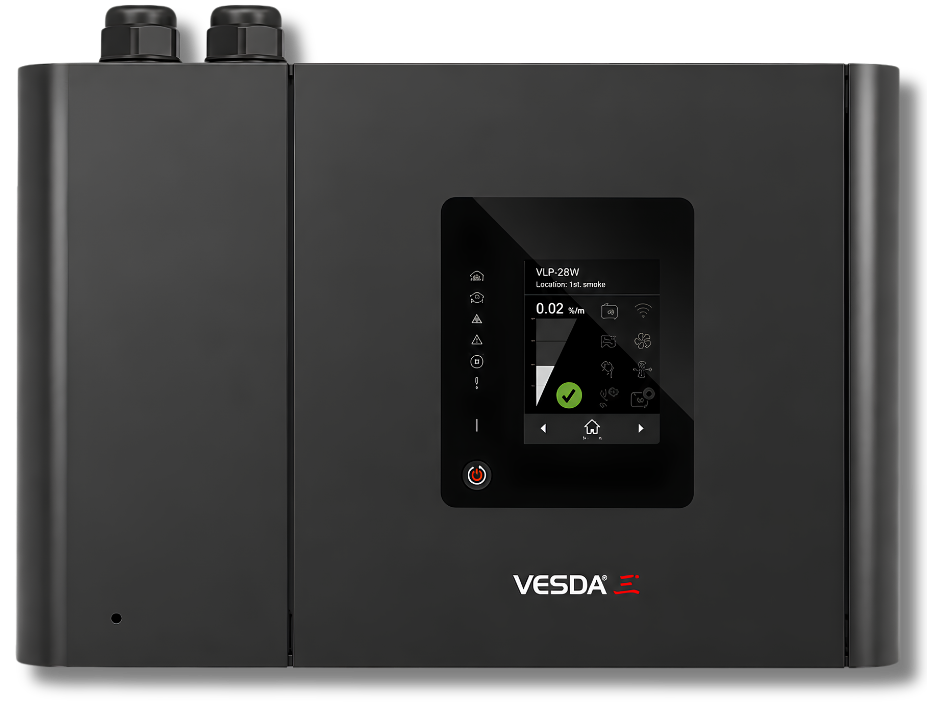 Black VESDA-E device with digital display on a white background