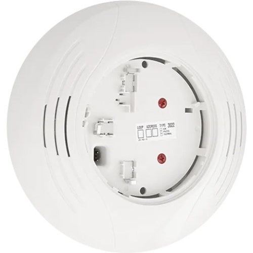 System Sensor B200SR-WH intelligent fire alarm sounder base mounted on ceiling with wiring visible