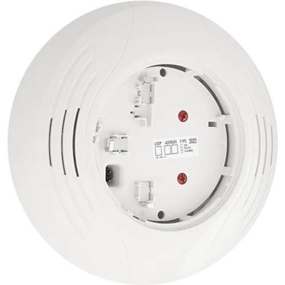 System Sensor B200SR-WH intelligent fire alarm sounder base mounted on ceiling with wiring visible