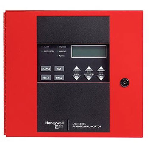 Silent Knight 6855 remote compact LCD fire alarm annunciator displaying status indicators and controls on a sleek black device.