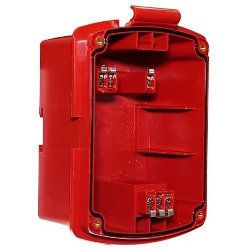 Eaton Wheelock EL4XBB-R NEMA 4X surface backbox in red for fire alarms, showing a sturdy metal enclosure with mounting features.