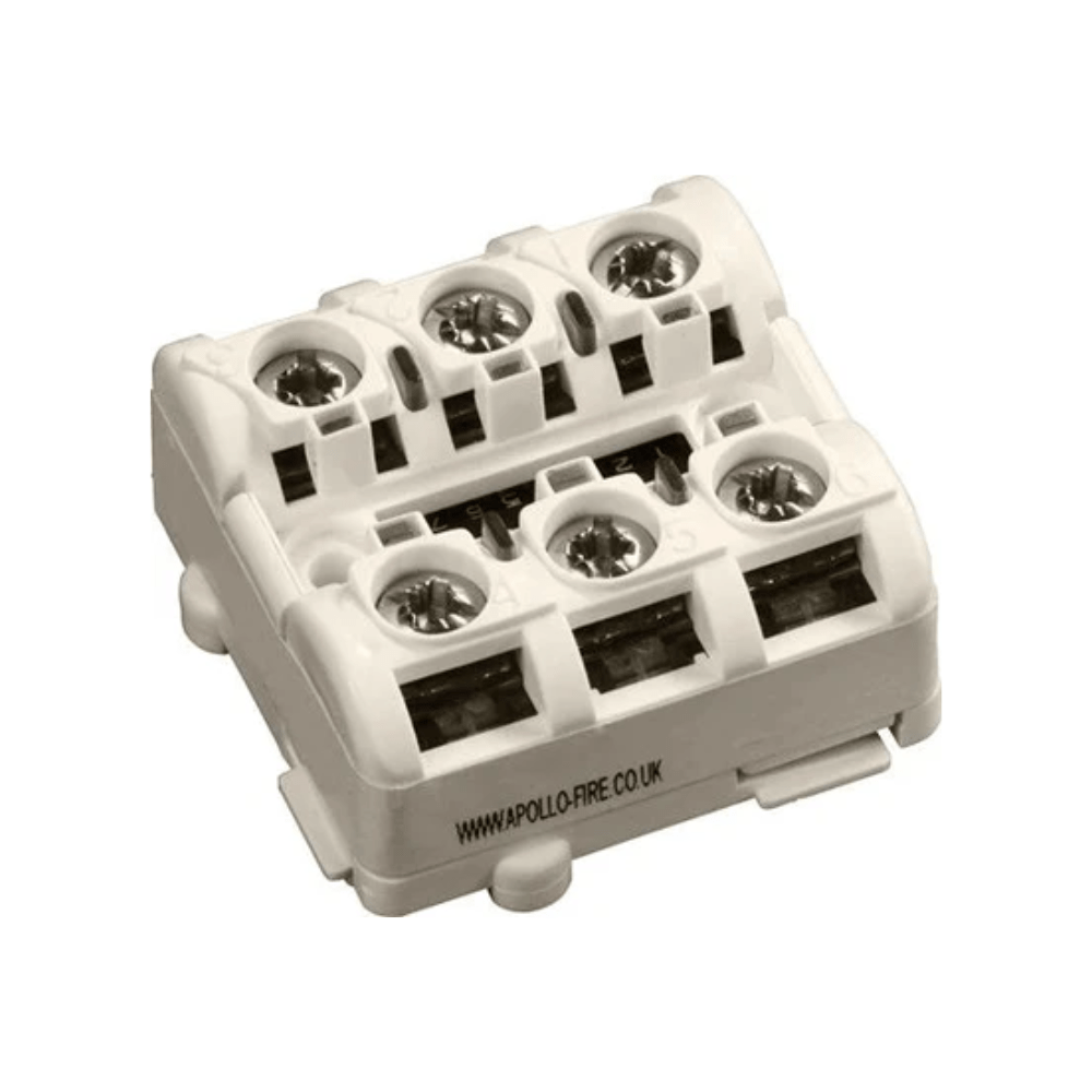 Apollo XP95A DIN-Rail Mini Switch Monitor Module for fire alarm systems, mounted on a DIN rail with electronic components visible.