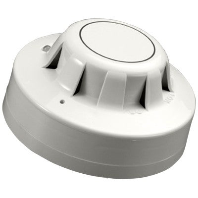 Apollo 55000-317APO optical smoke detector, round white device with test button and vent holes for smoke detection.
