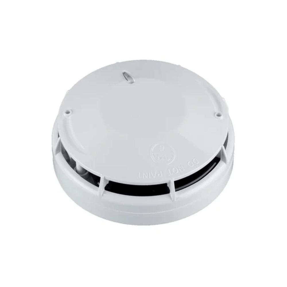 Apollo Soteria UL Optical Smoke Detector, white device with test button and sensor, designed for fire safety in buildings.
