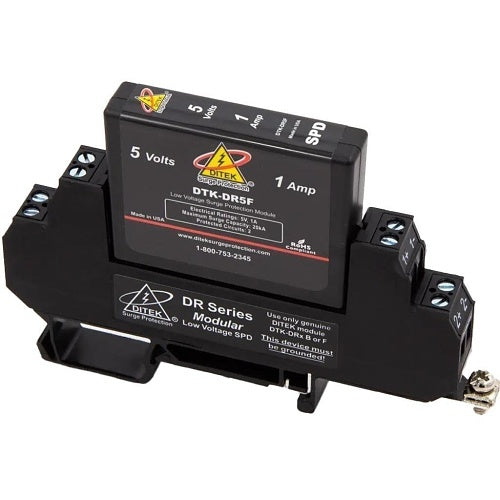Ditek DTK-DR24F fire alarm surge protector mounted on a DIN rail, designed for low-voltage fire alarm systems by Ditek