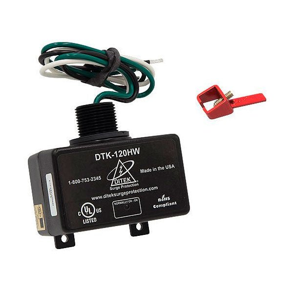 Ditek DTK-120HWLOK fire alarm surge protector with 120VAC, 20A capacity, designed for electrical protection and safety.