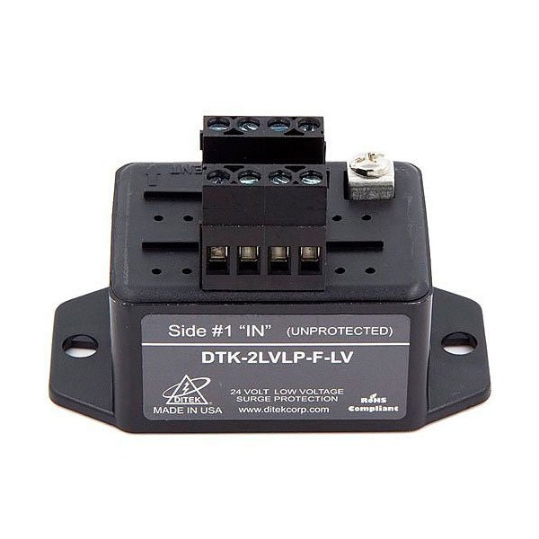 Pair of Ditek DTK-2LVLPF fire alarm surge protection devices with 24V SLC protection, branded Ditek, mounted on a panel.