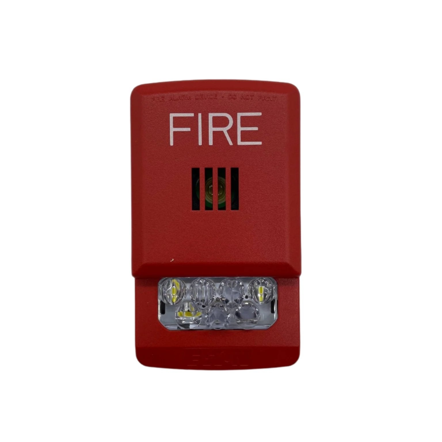 Eaton Wheelock ELHSR fire alarm horn strobe with red housing and mounting bracket, designed for emergency notification systems.