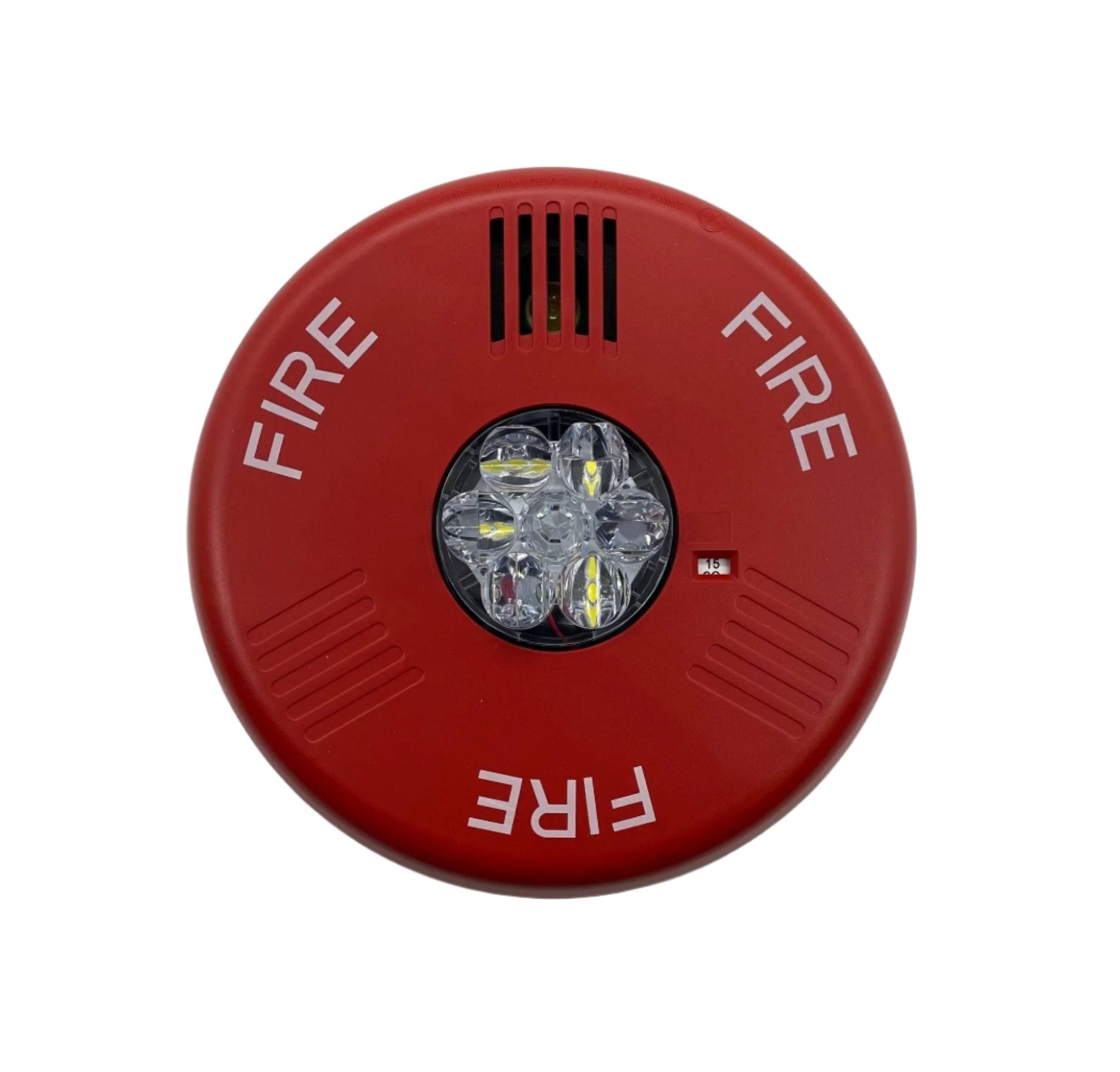 Eaton Wheelock ELHSRC fire alarm horn strobe with red housing and mounting bracket, designed for emergency warning systems.