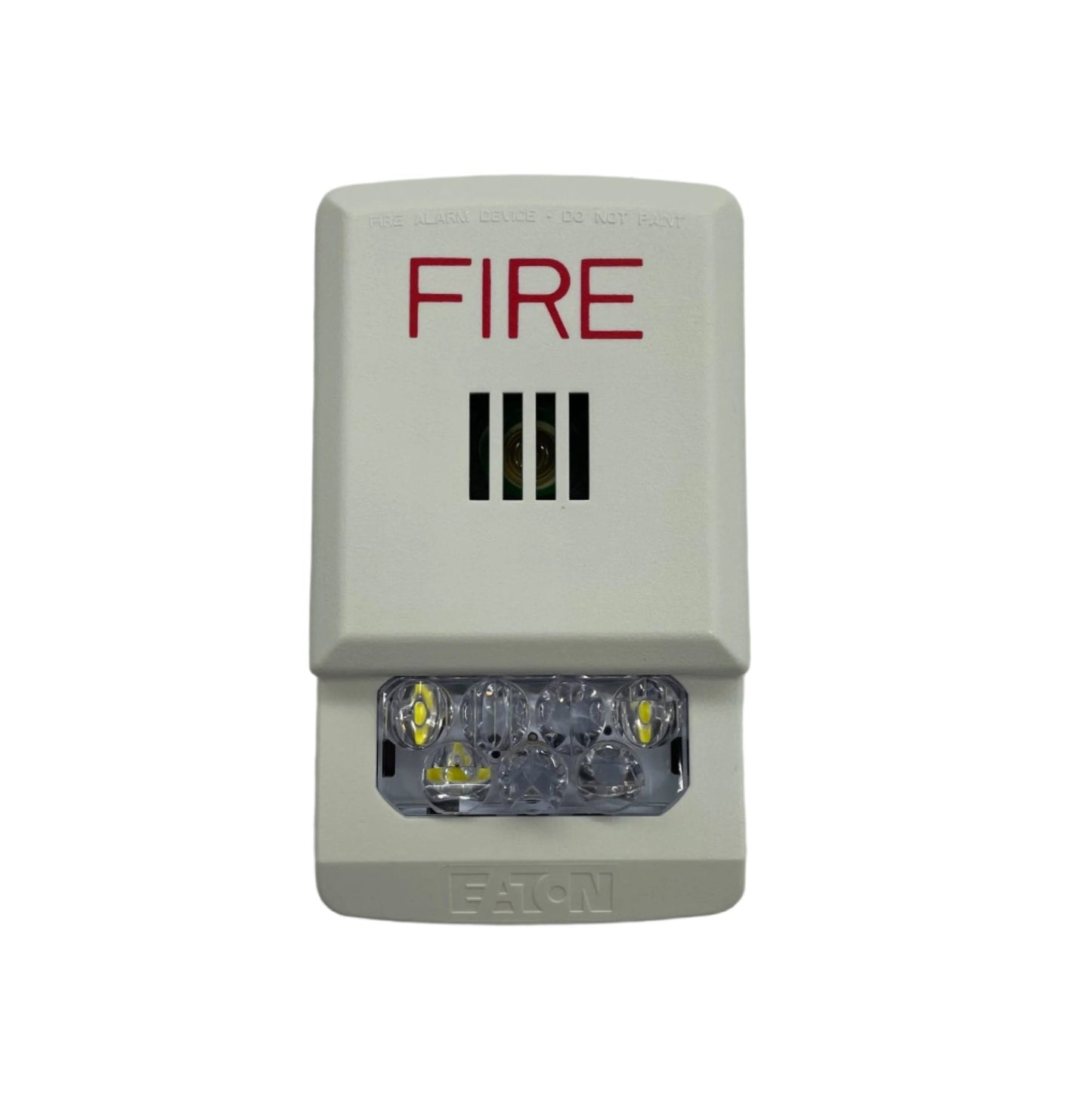 Eaton Wheelock ELHSW fire alarm horn strobe with red housing and mounting bracket, designed for emergency alert systems.