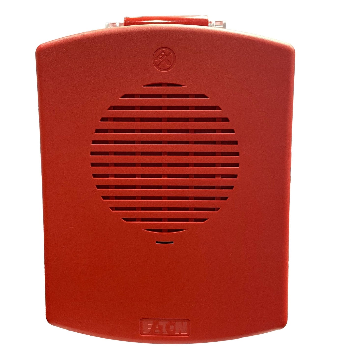 Eaton Wheelock EL3RHN-NR fire alarm horn with red housing and mounting bracket, designed for emergency alert systems.
