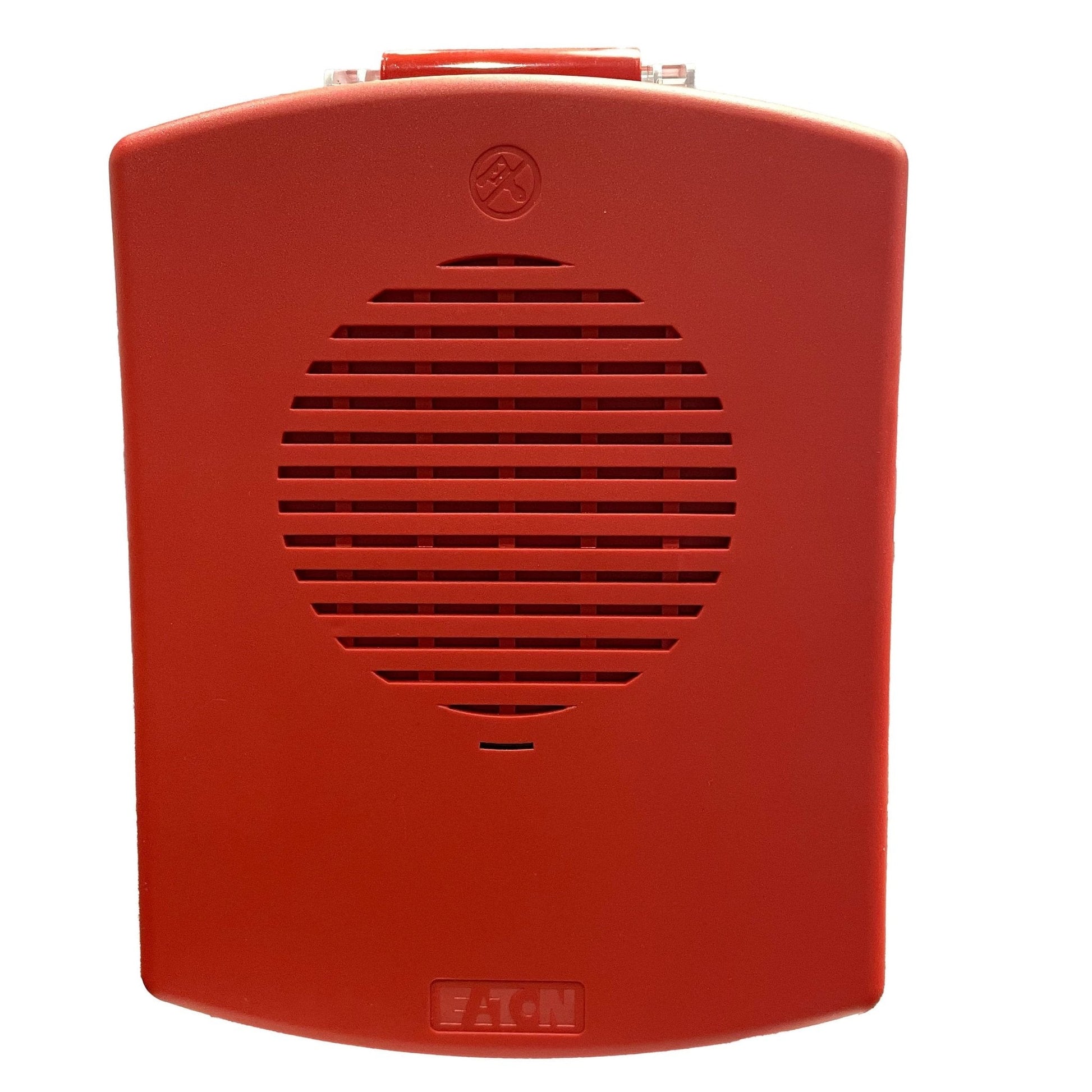 Eaton Wheelock EL3RHN-NR fire alarm horn with red housing and mounting bracket, designed for emergency alert systems.