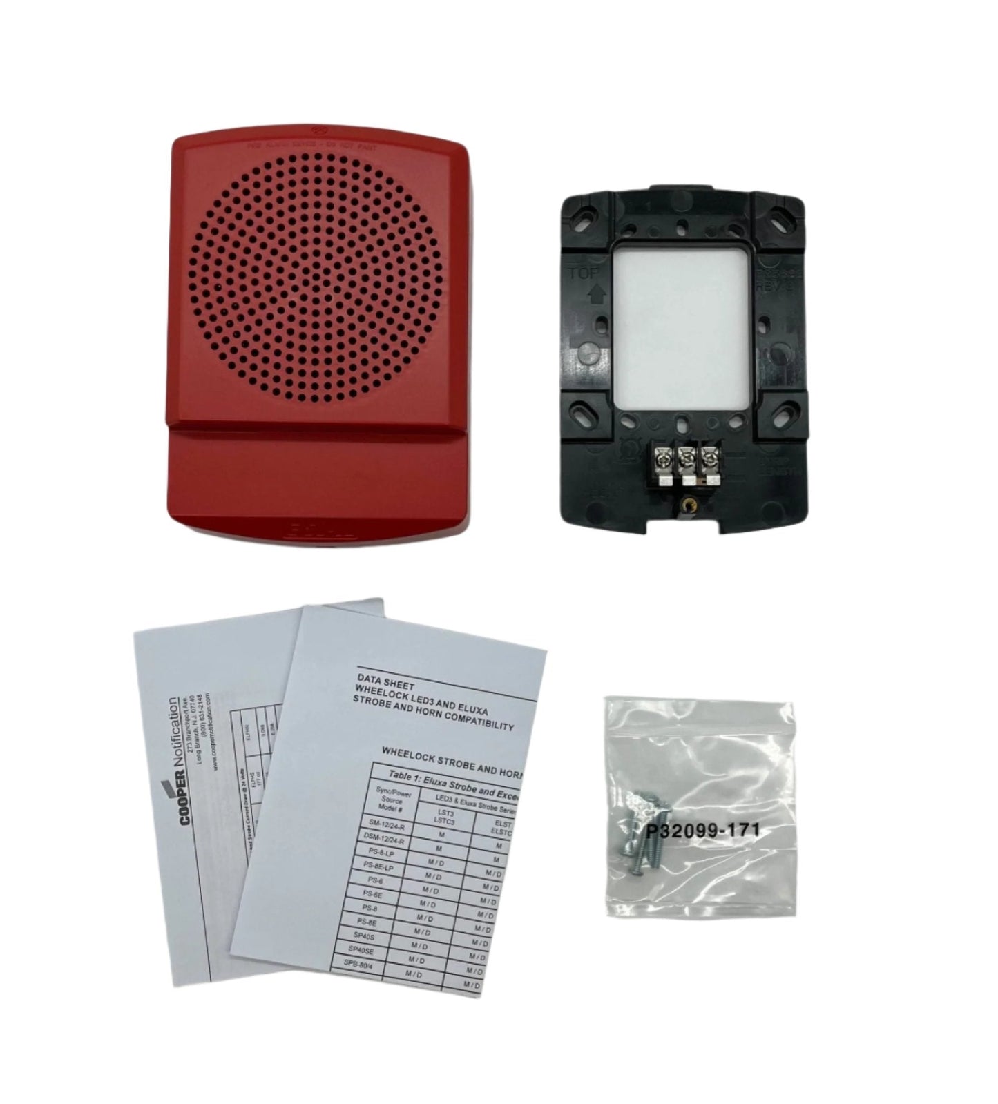 Eaton Wheelock ELFHNR Eluxa low-frequency fire alarm sounder with wall mounting and FIRE lettering, used for emergency alert signaling.