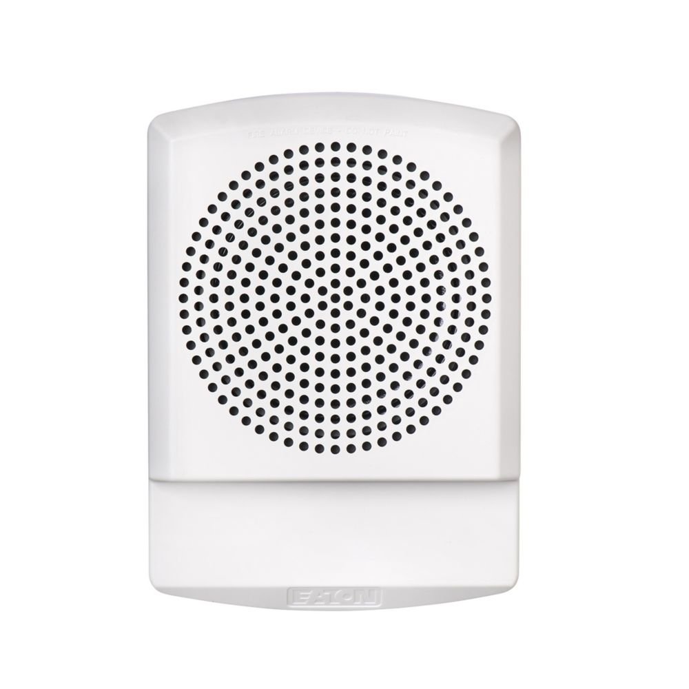 Eaton Wheelock ELFHNW fire alarm horn with low-frequency sounder, mounted on a wall, featuring a black casing and control panel.