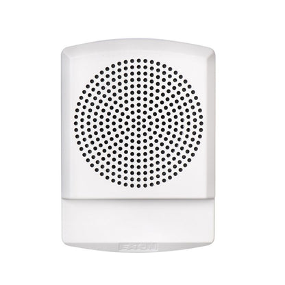 Eaton Wheelock ELFHNW fire alarm horn with low-frequency sounder, mounted on a wall, featuring a black casing and control panel.