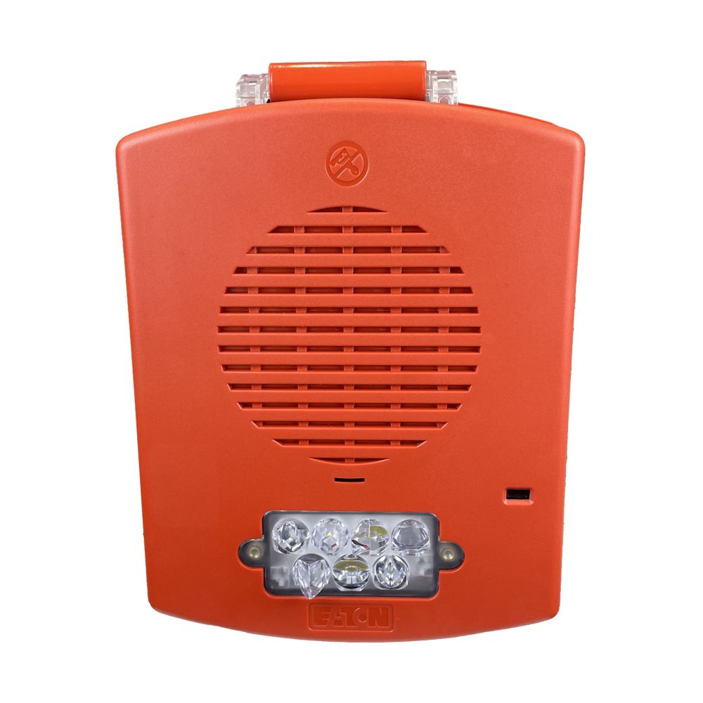 Eaton Wheelock EL3RSPST-FR fire alarm speaker strobe with clear lens, mounted on wall, part of Eaton Wheelock fire alarm system.